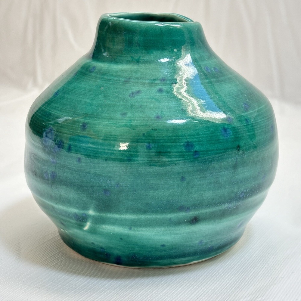 Studio Signed Art Pottery Vase 4.5” Green Blue Abstract Small Short Wide CSK AC